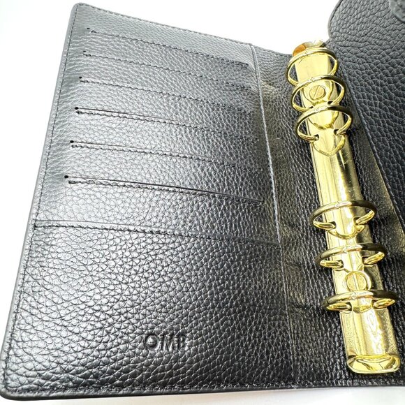Black Leather A6 Binder Planner OMB Gold 6-Ring Binder & Snap Closure - Picture 2 of 8